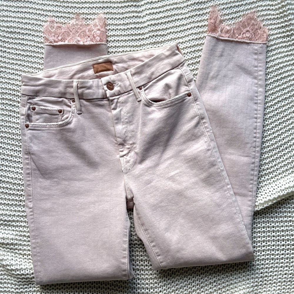 MOTHER Laced‎ HIGH WAISTED LOOKER DAGGER ANKLE FRAY rose skinny jeans 26